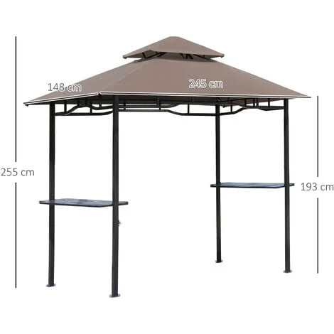 HOMCOM Pavillon Abri Tonnelle De Jardin Pour Barbecue Double Toit 2 Tablettes Incluses Tissu Polyester Acier 2,45 X 1,48 X 2,55 M Chocolat - Marron 5 HOMCOM Pavillon Abri Tonnelle De Jardin Pour Barbecue Double Toit 2 Tablettes Incluses Tissu Polyester Acier 2,45 X 1,48 X 2,55 M Chocolat - Marron – Image 3