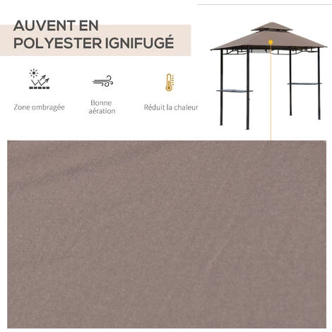 HOMCOM Pavillon Abri Tonnelle De Jardin Pour Barbecue Double Toit 2 Tablettes Incluses Tissu Polyester Acier 2,45 X 1,48 X 2,55 M Chocolat - Marron 6 HOMCOM Pavillon Abri Tonnelle De Jardin Pour Barbecue Double Toit 2 Tablettes Incluses Tissu Polyester Acier 2,45 X 1,48 X 2,55 M Chocolat - Marron – Image 4