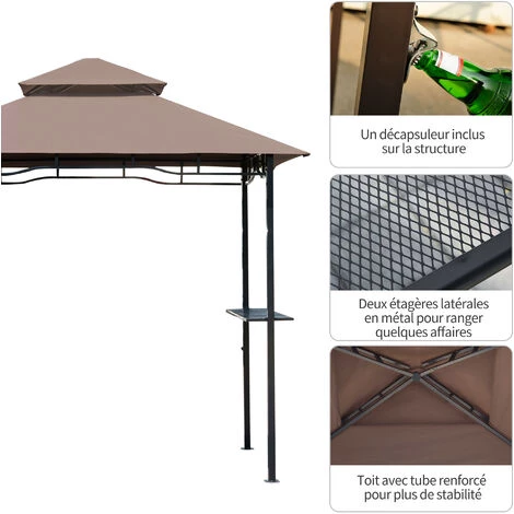 HOMCOM Pavillon Abri Tonnelle De Jardin Pour Barbecue Double Toit 2 Tablettes Incluses Tissu Polyester Acier 2,45 X 1,48 X 2,55 M Chocolat - Marron 7 HOMCOM Pavillon Abri Tonnelle De Jardin Pour Barbecue Double Toit 2 Tablettes Incluses Tissu Polyester Acier 2,45 X 1,48 X 2,55 M Chocolat - Marron – Image 5