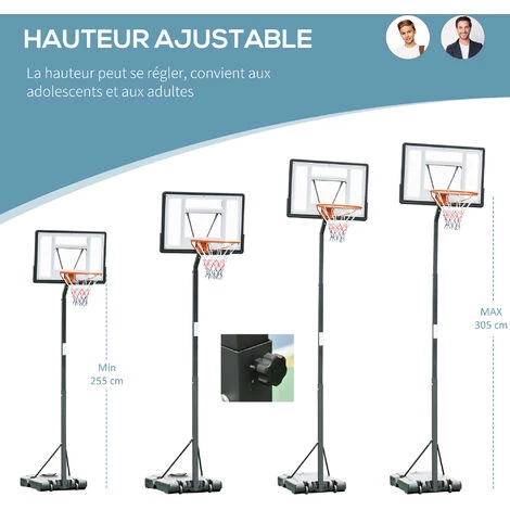 HOMCOM Panier De Basket-ball Sur Pied Avec Base De Lestage Sur Roulettes Hauteur Réglable 3,02-3,52 M Noir Blanc - Noir 6 HOMCOM Panier De Basket-ball Sur Pied Avec Base De Lestage Sur Roulettes Hauteur Réglable 3,02-3,52 M Noir Blanc - Noir – Image 4