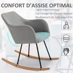 HOMCOM Fauteuil à Bascule Rocking Chair Grand Confort Accoudoirs Assise Dossier Garnissage Mousse Haute Densité Lin Gris - Gris -France HOMCOM Soldes 2022 27749646 4
