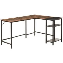 HOMCOM Bureau Informatique Design Industriel Bureau D'angle 2 Tablettes Support CPU Imprimante Aspect Vieux Bois Métal Noir