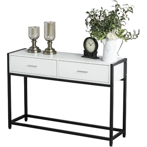 HOMCOM Console Table D'appoint Design Dim. 120L X 34l X 81H Cm 2 Tiroirs Métal Noir Panneaux Particules Blanc 3 HOMCOM Console Table D'appoint Design Dim. 120L X 34l X 81H Cm 2 Tiroirs Métal Noir Panneaux Particules Blanc