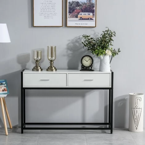 HOMCOM Console Table D'appoint Design Dim. 120L X 34l X 81H Cm 2 Tiroirs Métal Noir Panneaux Particules Blanc 4 HOMCOM Console Table D'appoint Design Dim. 120L X 34l X 81H Cm 2 Tiroirs Métal Noir Panneaux Particules Blanc – Image 2
