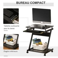 HOMCOM Bureau Informatique Roulant - Bureau Mobile - Table D'ordinateur - Tablette Coulissante Clavier + étagère - Noir - Noir 10 HOMCOM Bureau Informatique Roulant - Bureau Mobile - Table D'ordinateur - Tablette Coulissante Clavier + étagère - Noir - Noir -France HOMCOM Soldes 2022 27949941 4