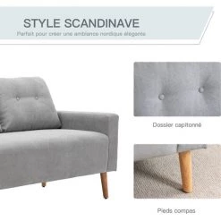 HOMCOM Canapé 2 Places Design Scandinave Dim. 145L X 76l X 88H Cm Pieds Bois Massif Tissu Gris Clair - Gris Clair -France HOMCOM Soldes 2022 27979204 5
