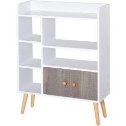 HOMCOM Bibliothèque Scandinave 3 Niches + 2 étagères + Placard Double Porte + Grand Plateau Pieds Effilés Inclinés Bois Massif Panneaux Particules Blanc Gris - Blanc