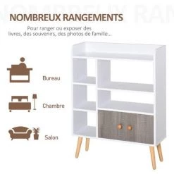 HOMCOM Bibliothèque Scandinave 3 Niches + 2 étagères + Placard Double Porte + Grand Plateau Pieds Effilés Inclinés Bois Massif Panneaux Particules Blanc Gris - Blanc -France HOMCOM Soldes 2022 28091662 4