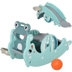 HOMCOM Cheval à Bascule Grenouille 3 En 1 Toboggan Panier Basket 3 à 5 Ans Dim. 72L X 34l X 47H Cm Bleu Turquoise - Bleu