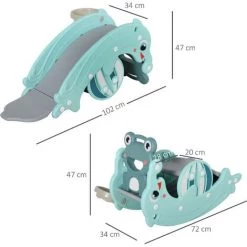 HOMCOM Cheval à Bascule Grenouille 3 En 1 Toboggan Panier Basket 3 à 5 Ans Dim. 72L X 34l X 47H Cm Bleu Turquoise - Bleu -France HOMCOM Soldes 2022 28221520 3