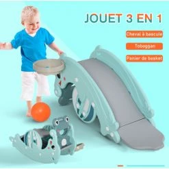 HOMCOM Cheval à Bascule Grenouille 3 En 1 Toboggan Panier Basket 3 à 5 Ans Dim. 72L X 34l X 47H Cm Bleu Turquoise - Bleu -France HOMCOM Soldes 2022 28221520 4
