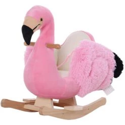 HOMCOM Cheval à Bascule Modèle Flamant Rose Selle Grand Confort Ceinture Peluche Douce Bois Peuplier - Rose