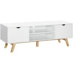 HOMCOM Meuble TV Bas Sur Pied Style Scandinave 2 Portes 2 Niches Passe-fils Panneaux Particules MDF Blanc Bois Massif Hévéa - Blanc