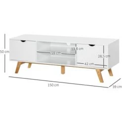 HOMCOM Meuble TV Bas Sur Pied Style Scandinave 2 Portes 2 Niches Passe-fils Panneaux Particules MDF Blanc Bois Massif Hévéa - Blanc -France HOMCOM Soldes 2022 28368947 3
