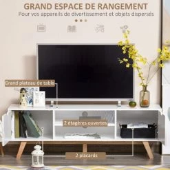 HOMCOM Meuble TV Bas Sur Pied Style Scandinave 2 Portes 2 Niches Passe-fils Panneaux Particules MDF Blanc Bois Massif Hévéa - Blanc -France HOMCOM Soldes 2022 28368947 5