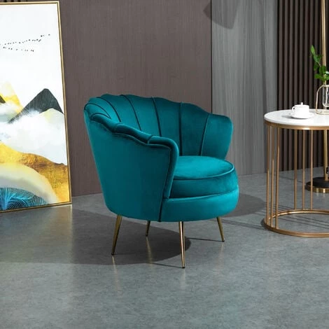 HOMCOM Fauteuil Coquillage Fauteuil Design Dim. 79L X 77l X 77H Cm Pieds Dorés Effilés Velours Bleu Canard 6 HOMCOM Fauteuil Coquillage Fauteuil Design Dim. 79L X 77l X 77H Cm Pieds Dorés Effilés Velours Bleu Canard – Image 4