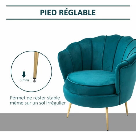 HOMCOM Fauteuil Coquillage Fauteuil Design Dim. 79L X 77l X 77H Cm Pieds Dorés Effilés Velours Bleu Canard 7 HOMCOM Fauteuil Coquillage Fauteuil Design Dim. 79L X 77l X 77H Cm Pieds Dorés Effilés Velours Bleu Canard – Image 5
