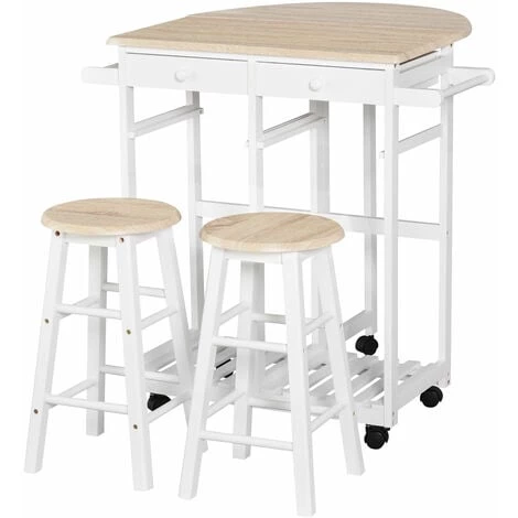 HOMCOM Ensemble Table De Bar Pliable Sur Roulettes Avec étagère Et 2 Tiroirs + 2 Tabourets Bois Pin MDF Blanc Chêne Clair 3 HOMCOM Ensemble Table De Bar Pliable Sur Roulettes Avec étagère Et 2 Tiroirs + 2 Tabourets Bois Pin MDF Blanc Chêne Clair