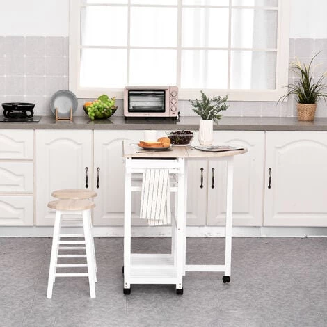 HOMCOM Ensemble Table De Bar Pliable Sur Roulettes Avec étagère Et 2 Tiroirs + 2 Tabourets Bois Pin MDF Blanc Chêne Clair 4 HOMCOM Ensemble Table De Bar Pliable Sur Roulettes Avec étagère Et 2 Tiroirs + 2 Tabourets Bois Pin MDF Blanc Chêne Clair – Image 2