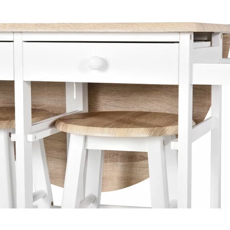 HOMCOM Ensemble Table De Bar Pliable Sur Roulettes Avec étagère Et 2 Tiroirs + 2 Tabourets Bois Pin MDF Blanc Chêne Clair 6 HOMCOM Ensemble Table De Bar Pliable Sur Roulettes Avec étagère Et 2 Tiroirs + 2 Tabourets Bois Pin MDF Blanc Chêne Clair – Image 4