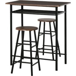 HOMCOM Ensemble Table De Bar Design Industriel + 2 Tabourets MDF Imitation Bois Noyer Métal Noir - Marron