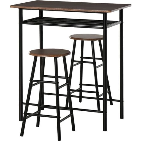 HOMCOM Ensemble Table De Bar Design Industriel + 2 Tabourets MDF Imitation Bois Noyer Métal Noir - Marron 3 HOMCOM Ensemble Table De Bar Design Industriel + 2 Tabourets MDF Imitation Bois Noyer Métal Noir - Marron