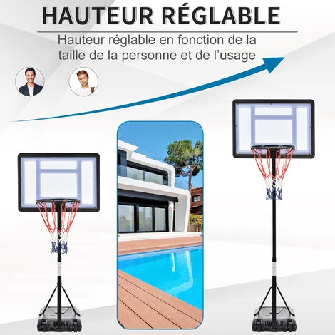 HOMCOM Panier De Basket-Ball Sur Pied Pour Bord De Piscine Poteau Panneau, Base De Lestage Sur Roulettes Hauteur Arceau Réglable 1,1 - 1,3 M Noir Blanc - Noir 6 HOMCOM Panier De Basket-Ball Sur Pied Pour Bord De Piscine Poteau Panneau, Base De Lestage Sur Roulettes Hauteur Arceau Réglable 1,1 - 1,3 M Noir Blanc - Noir – Image 4