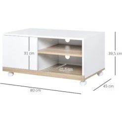 HOMCOM Meuble TV Sur Roulettes Avec 2 Freins - 2 Niches + Placard Porte 2 Passe-fil - Panneaux Particules Blanc Chêne Clair - Blanc -France HOMCOM Soldes 2022 29043870 3