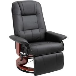 HOMCOM Fauteuil Relax Inclinable Repose-pieds Réglable Pivotant 360° Piètement Bois Revêtement PU Noir - Noir