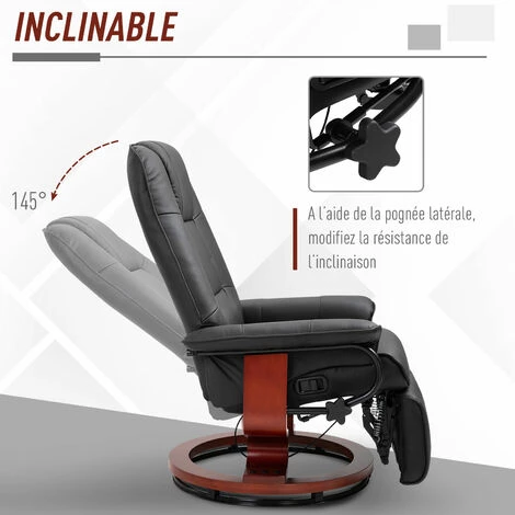 HOMCOM Fauteuil Relax Inclinable Repose-pieds Réglable Pivotant 360° Piètement Bois Revêtement PU Noir - Noir 7 HOMCOM Fauteuil Relax Inclinable Repose-pieds Réglable Pivotant 360° Piètement Bois Revêtement PU Noir - Noir – Image 5