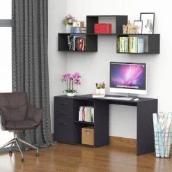 HOMCOM Bureau Informatique Multimédia Modulable Multi-rangements Double Niche + 3 Tiroirs Coulissants MDF Noir - Noir -France HOMCOM Soldes 2022 29216338 2