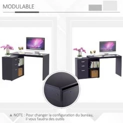 HOMCOM Bureau Informatique Multimédia Modulable Multi-rangements Double Niche + 3 Tiroirs Coulissants MDF Noir - Noir -France HOMCOM Soldes 2022 29216338 5
