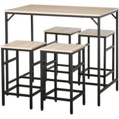 HOMCOM Ensemble Table De Bar Design Industriel + 4 Tabourets Repose-pieds Panneaux Particules Imitation Chêne Clair Métal Noir - Beige