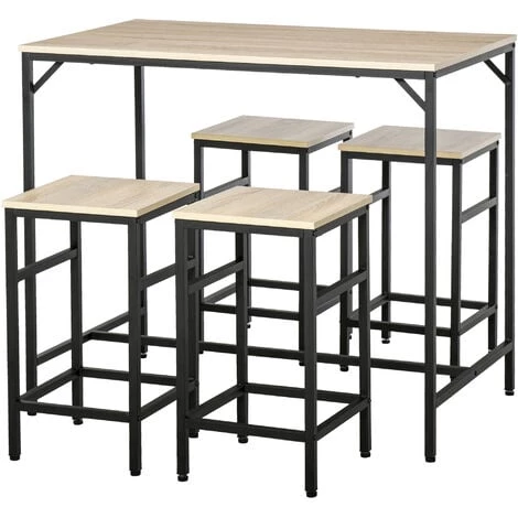 HOMCOM Ensemble Table De Bar Design Industriel + 4 Tabourets Repose-pieds Panneaux Particules Imitation Chêne Clair Métal Noir - Beige 3 HOMCOM Ensemble Table De Bar Design Industriel + 4 Tabourets Repose-pieds Panneaux Particules Imitation Chêne Clair Métal Noir - Beige