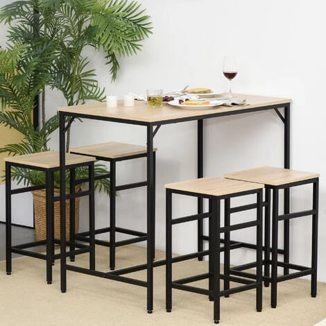 HOMCOM Ensemble Table De Bar Design Industriel + 4 Tabourets Repose-pieds Panneaux Particules Imitation Chêne Clair Métal Noir - Beige 4 HOMCOM Ensemble Table De Bar Design Industriel + 4 Tabourets Repose-pieds Panneaux Particules Imitation Chêne Clair Métal Noir - Beige – Image 2