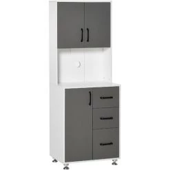 HOMCOM Armoire De Cuisine Multi-rangements 2 + 1 Porte 3 Tiroirs + Grand Plateau Dim. 60L X 40l X 150H Cm Bicolore Gris Blanc