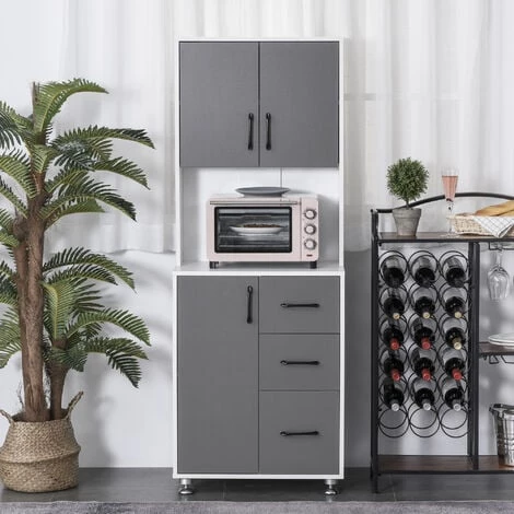 HOMCOM Armoire De Cuisine Multi-rangements 2 + 1 Porte 3 Tiroirs + Grand Plateau Dim. 60L X 40l X 150H Cm Bicolore Gris Blanc 4 HOMCOM Armoire De Cuisine Multi-rangements 2 + 1 Porte 3 Tiroirs + Grand Plateau Dim. 60L X 40l X 150H Cm Bicolore Gris Blanc – Image 2
