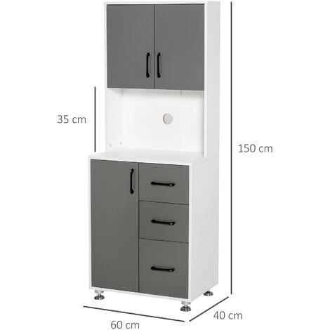 HOMCOM Armoire De Cuisine Multi-rangements 2 + 1 Porte 3 Tiroirs + Grand Plateau Dim. 60L X 40l X 150H Cm Bicolore Gris Blanc 5 HOMCOM Armoire De Cuisine Multi-rangements 2 + 1 Porte 3 Tiroirs + Grand Plateau Dim. 60L X 40l X 150H Cm Bicolore Gris Blanc – Image 3