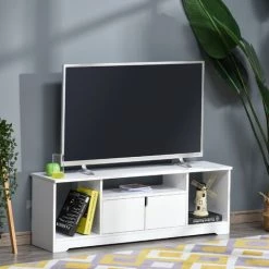 HOMCOM Meuble TV Banc TV Design Contemporain - 3 Niches, Placard Double Porte - Dim. 120L X 30l X 41H Cm - Panneaux Particules Blanc -France HOMCOM Soldes 2022 29549304 4