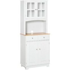 HOMCOM Armoire De Cuisine 2 Placards 2 Portes Persiennes Et Acryliques 2 Tiroirs Grande Niche Bois Caoutchouc MDF Blanc