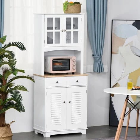 HOMCOM Armoire De Cuisine 2 Placards 2 Portes Persiennes Et Acryliques 2 Tiroirs Grande Niche Bois Caoutchouc MDF Blanc 4 HOMCOM Armoire De Cuisine 2 Placards 2 Portes Persiennes Et Acryliques 2 Tiroirs Grande Niche Bois Caoutchouc MDF Blanc – Image 2