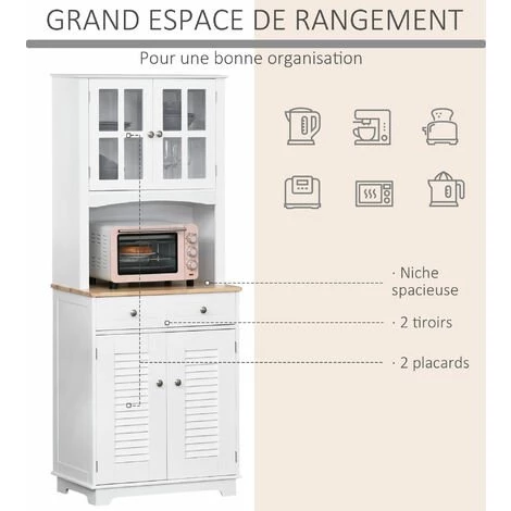 HOMCOM Armoire De Cuisine 2 Placards 2 Portes Persiennes Et Acryliques 2 Tiroirs Grande Niche Bois Caoutchouc MDF Blanc 6 HOMCOM Armoire De Cuisine 2 Placards 2 Portes Persiennes Et Acryliques 2 Tiroirs Grande Niche Bois Caoutchouc MDF Blanc – Image 4