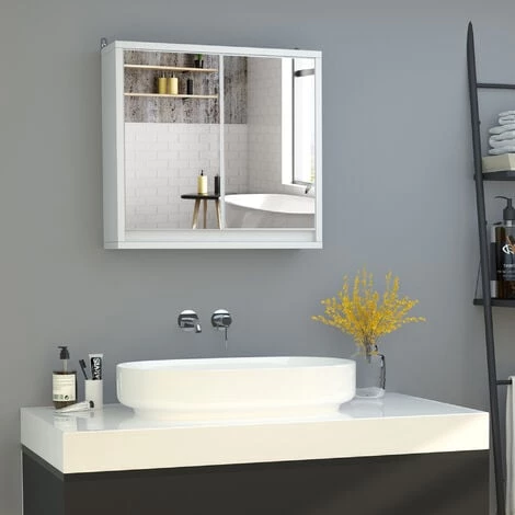 HOMCOM Armoire Murale Miroir Salle De Bain 2 étagères Dim. 48L X 14l X 45H Cm Panneaux Particules MDF Blanc 4 HOMCOM Armoire Murale Miroir Salle De Bain 2 étagères Dim. 48L X 14l X 45H Cm Panneaux Particules MDF Blanc – Image 2
