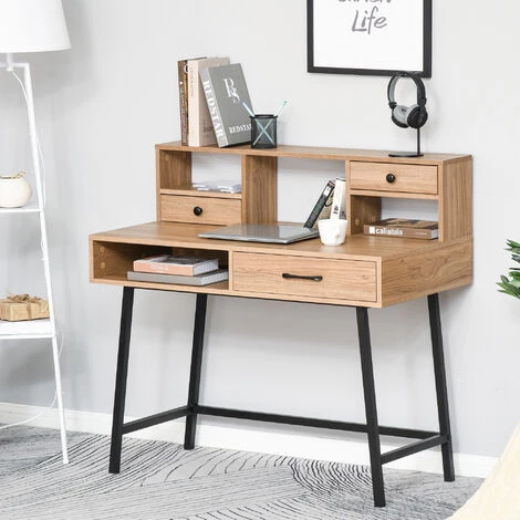 HOMCOM Bureau Secrétaire Style Industriel Dim. 105L X 55l X 100H Cm 3 Tiroirs + 3 Niches Piètement Métal Noir Plateau Imitation Bois 4 HOMCOM Bureau Secrétaire Style Industriel Dim. 105L X 55l X 100H Cm 3 Tiroirs + 3 Niches Piètement Métal Noir Plateau Imitation Bois – Image 2