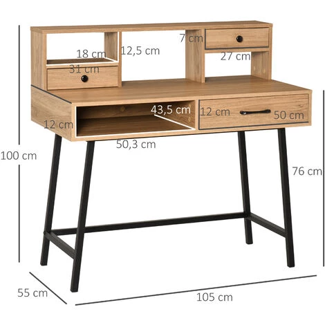 HOMCOM Bureau Secrétaire Style Industriel Dim. 105L X 55l X 100H Cm 3 Tiroirs + 3 Niches Piètement Métal Noir Plateau Imitation Bois 5 HOMCOM Bureau Secrétaire Style Industriel Dim. 105L X 55l X 100H Cm 3 Tiroirs + 3 Niches Piètement Métal Noir Plateau Imitation Bois – Image 3