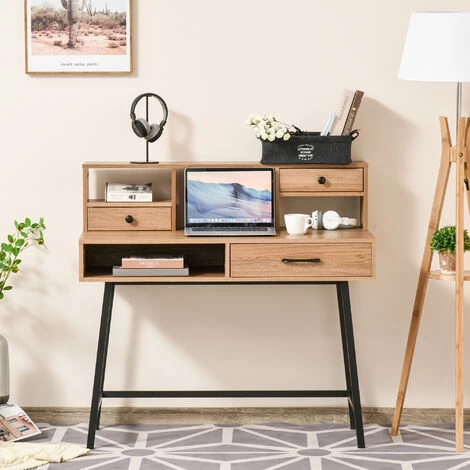 HOMCOM Bureau Secrétaire Style Industriel Dim. 105L X 55l X 100H Cm 3 Tiroirs + 3 Niches Piètement Métal Noir Plateau Imitation Bois 6 HOMCOM Bureau Secrétaire Style Industriel Dim. 105L X 55l X 100H Cm 3 Tiroirs + 3 Niches Piètement Métal Noir Plateau Imitation Bois – Image 4