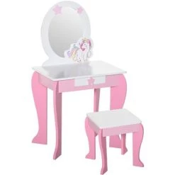 HOMCOM Coiffeuse Enfant Design Licorne - Tabouret Inclus - Dim. 49L X 34l X 90H Cm - Tiroir, Miroir - MDF - Rose Blanc - Rose