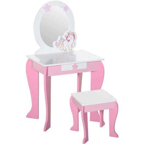 HOMCOM Coiffeuse Enfant Design Licorne - Tabouret Inclus - Dim. 49L X 34l X 90H Cm - Tiroir, Miroir - MDF - Rose Blanc - Rose 3 HOMCOM Coiffeuse Enfant Design Licorne - Tabouret Inclus - Dim. 49L X 34l X 90H Cm - Tiroir, Miroir - MDF - Rose Blanc - Rose