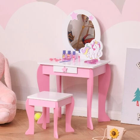 HOMCOM Coiffeuse Enfant Design Licorne - Tabouret Inclus - Dim. 49L X 34l X 90H Cm - Tiroir, Miroir - MDF - Rose Blanc - Rose 4 HOMCOM Coiffeuse Enfant Design Licorne - Tabouret Inclus - Dim. 49L X 34l X 90H Cm - Tiroir, Miroir - MDF - Rose Blanc - Rose – Image 2