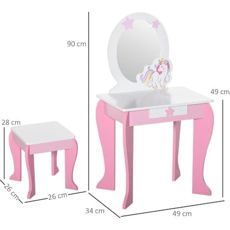 HOMCOM Coiffeuse Enfant Design Licorne - Tabouret Inclus - Dim. 49L X 34l X 90H Cm - Tiroir, Miroir - MDF - Rose Blanc - Rose 5 HOMCOM Coiffeuse Enfant Design Licorne - Tabouret Inclus - Dim. 49L X 34l X 90H Cm - Tiroir, Miroir - MDF - Rose Blanc - Rose – Image 3